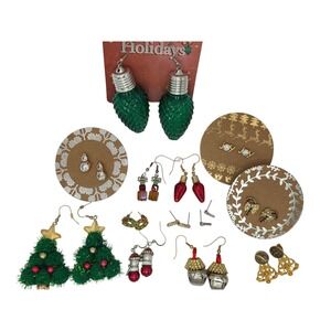 Christmas Themed Pierced Dangle Earrings Lot of 12 Trees Bells Fashion Jewelry